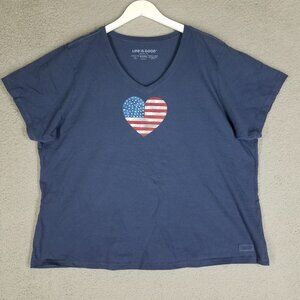 Life Is Good Crusher Tee Shirt Women's XXXL 3XL Blue Heart American Flag V-Neck